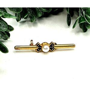 Vintage Gold-Tone Bar Pin With Pearl & Black Enamel Accents Jewelry Accessory
